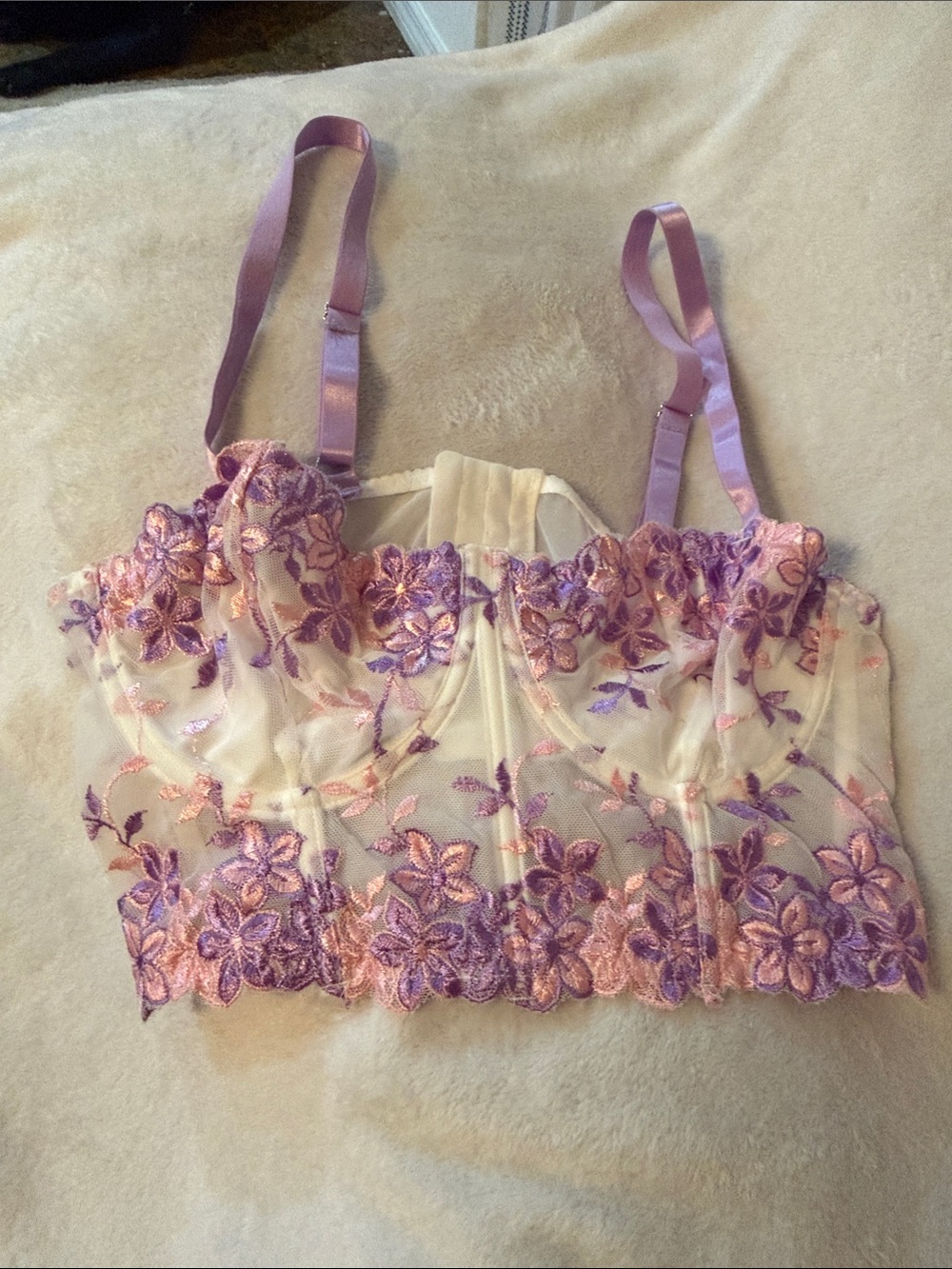 Sheer Embroidered Floral Lace Bralette - Purple & Pink
